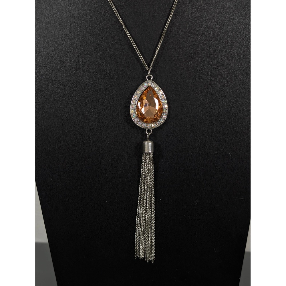 AB Rhinestone Teardrop Tassel Necklace Peach Glass Pendant 30 Inch